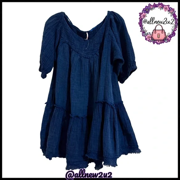New Free People Denim Distressed Blue Smocked Mini Dress Tunic Cotton Host Pick - Picture 4 of 15